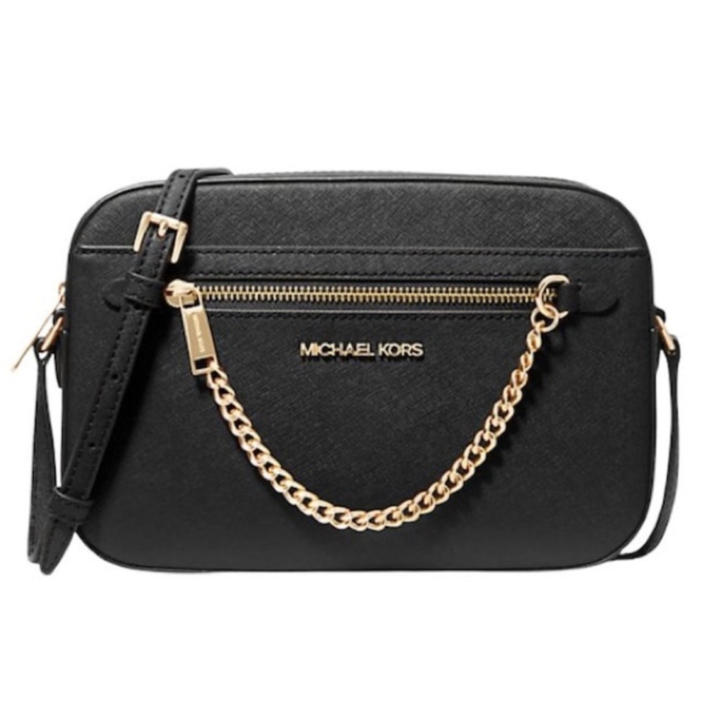Michael Kors Jet Set Large Saffiano Leather Crossbody Bag Black Gold Chain NWT